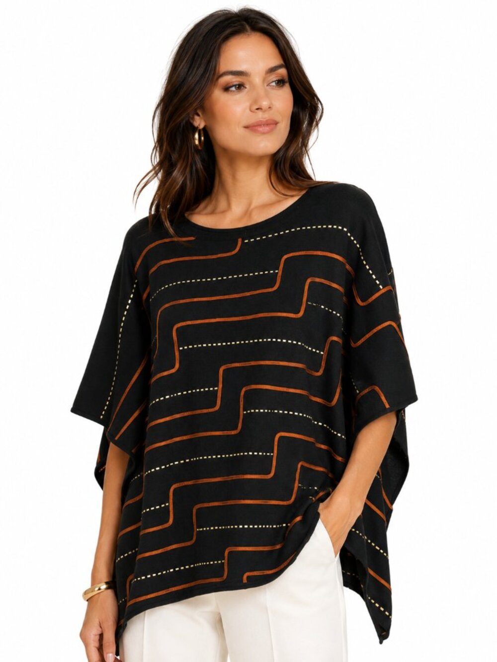 Ming Wang Black Embellished Poncho Top 3/4 Cape Sleeve Boxy Relaxed Artsy Size S